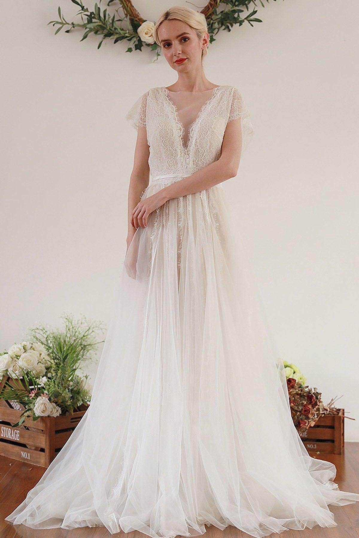 A-Line Sweep-Brush Train Lace Tulle Wedding Dress CW3045 - COCOMELODY